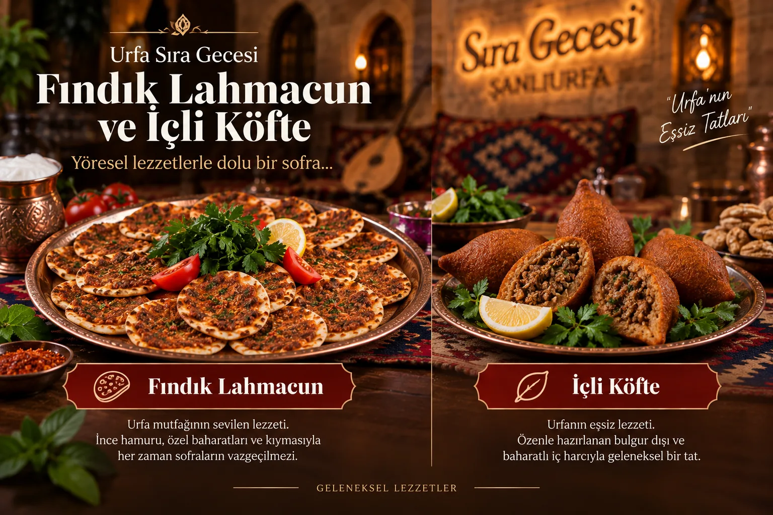 Urfa sıra gecesi başlangıçları: lebeniye çorbası, mevsim salata ve Urfa acılı ezme