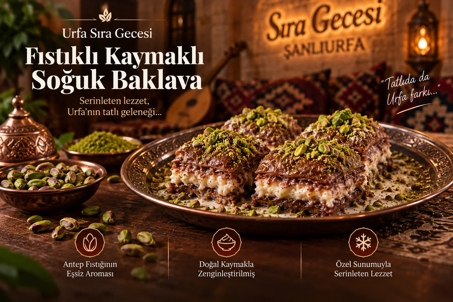 Urfa sıra gecesi tatlısı fıstıklı kaymaklı soğuk baklava