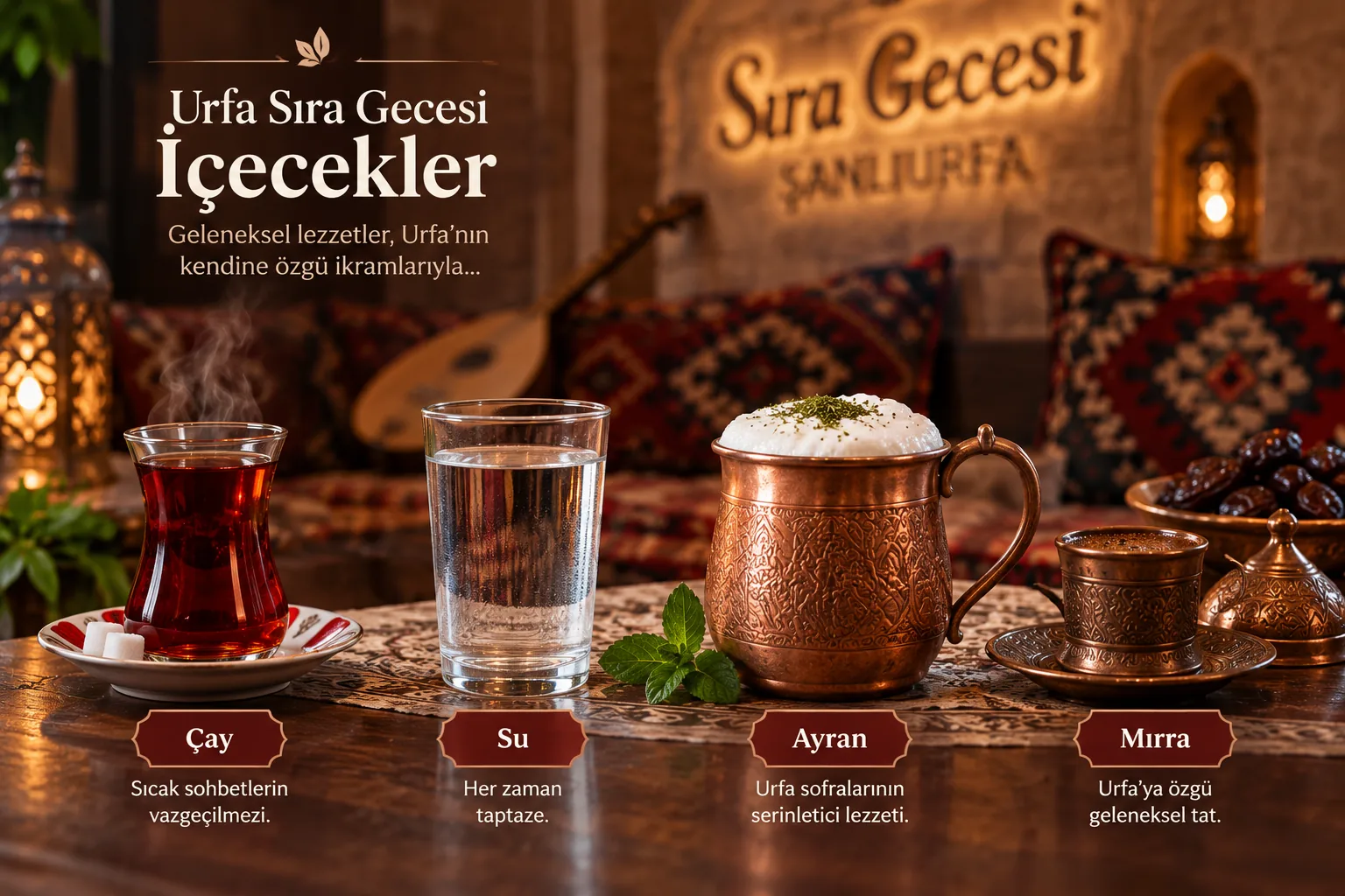 Urfa sıra gecesi içecekleri: çay, su, ayran ve mırra