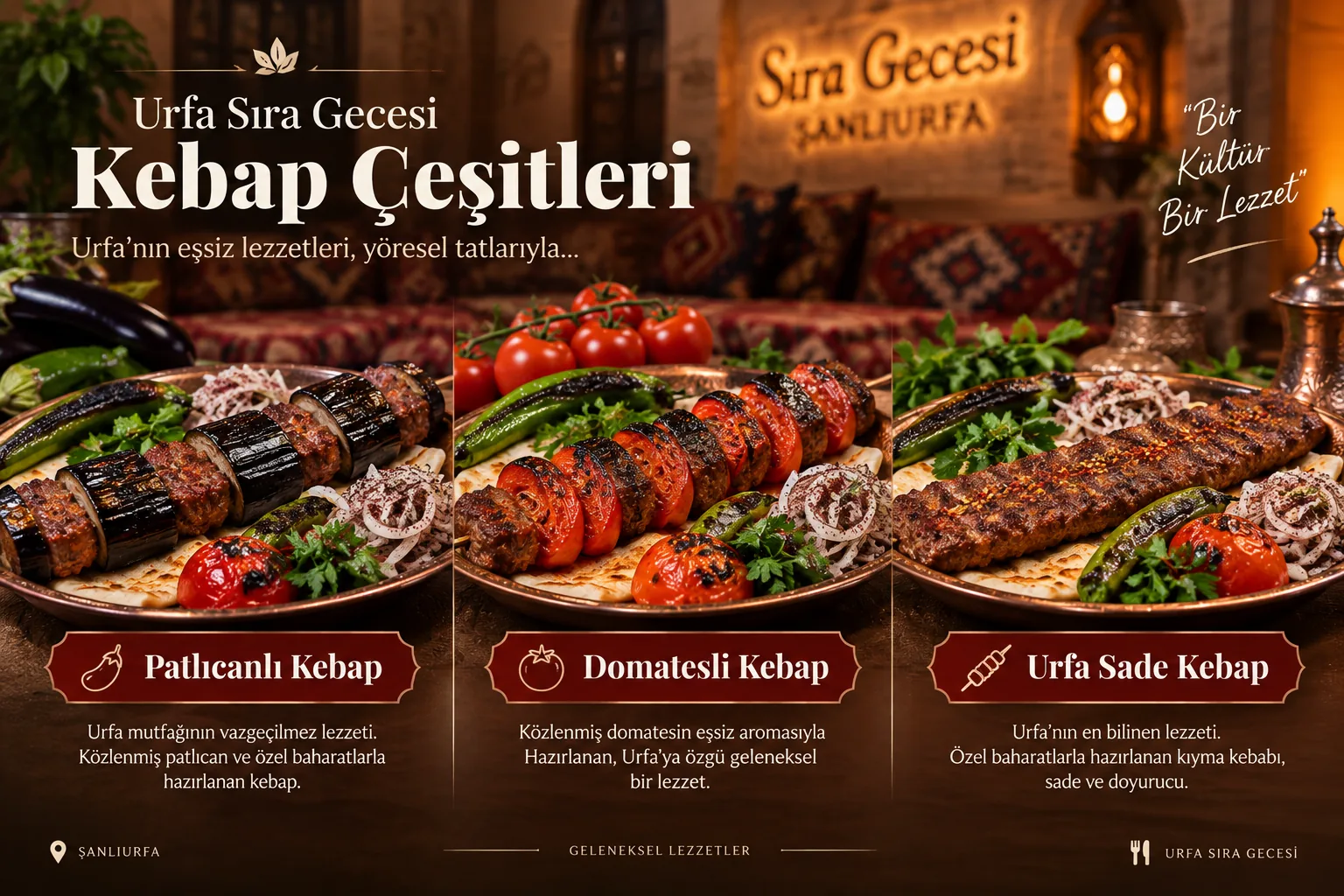 Urfa sıra gecesi yemekli menü ve kebap çeşitleri